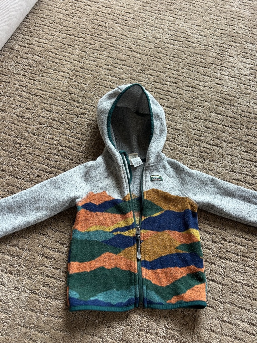 L.L. Bean Gray Hooded Kids Zip Fleece with Multicolor Mountain Print